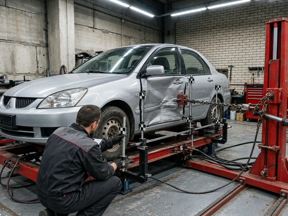 В процессе — Mitsubishi Lancer — восстановление геометрии кузова