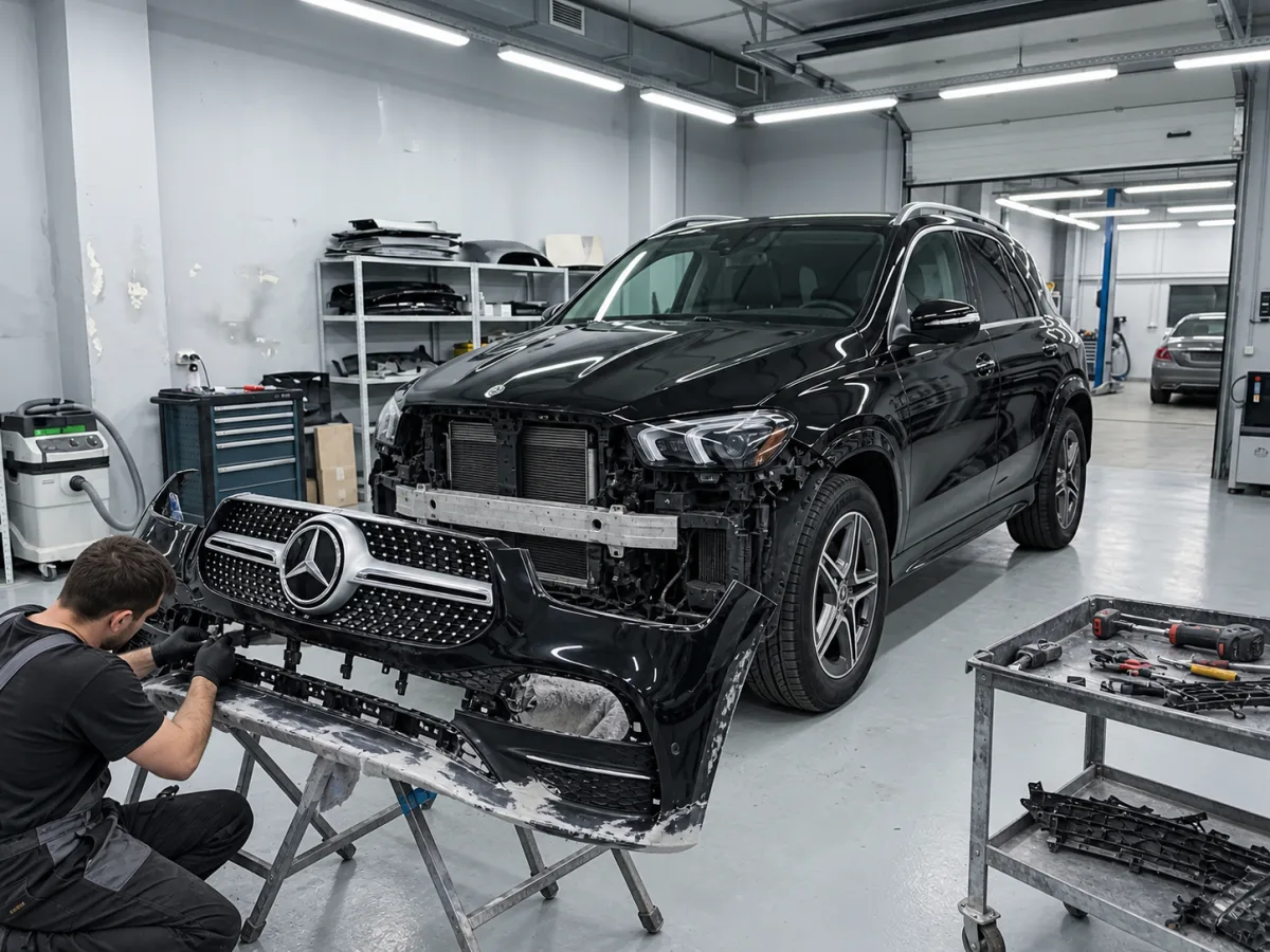 В процессе — Mercedes-Benz GLE — ремонт и покраска переднего бампера