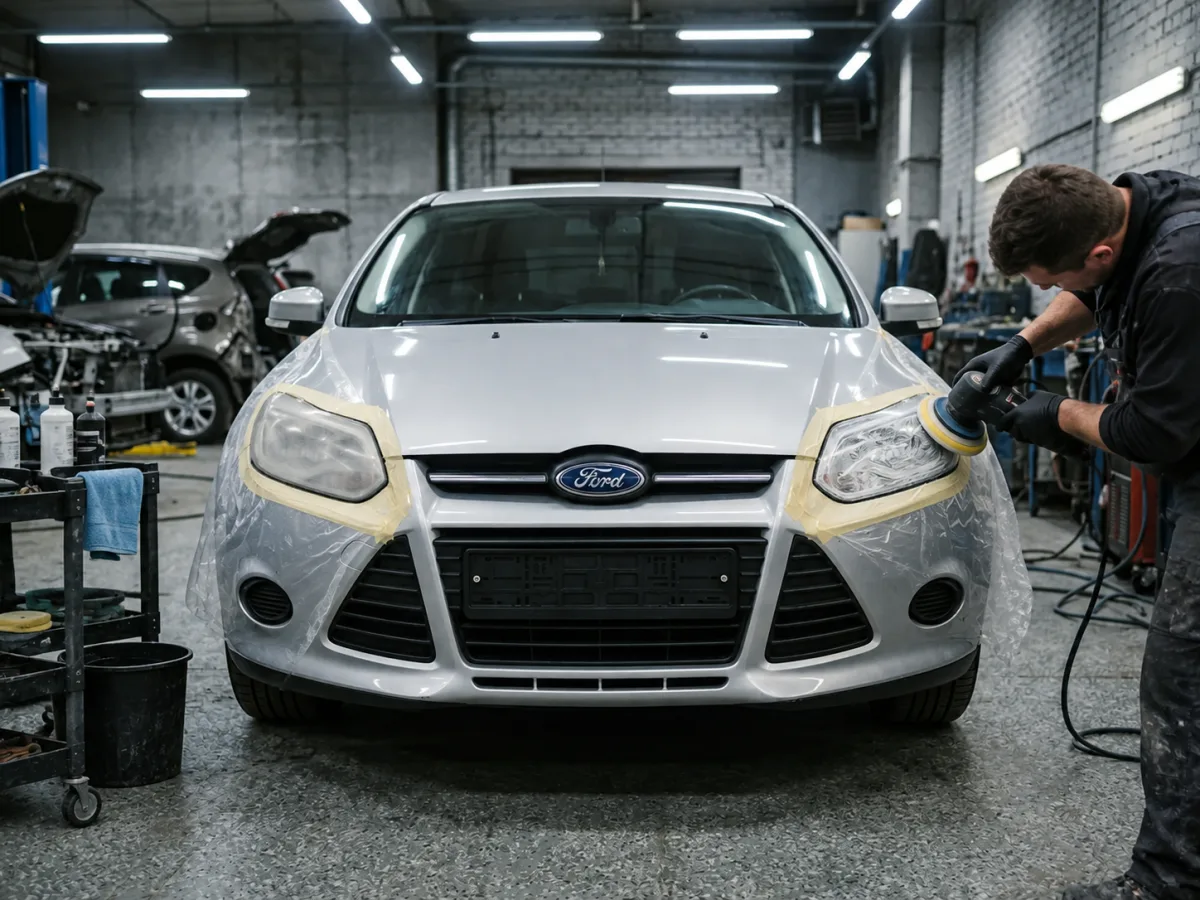 В процессе — Ford Focus — полировка фар с лаком
