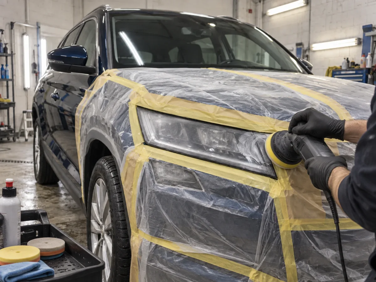 В процессе — Skoda Kodiaq — полировка и защита фар