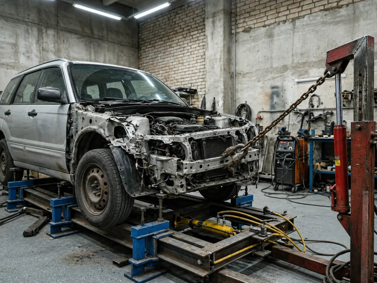 До ремонта — Subaru Forester — вытяжка передней части на стапеле