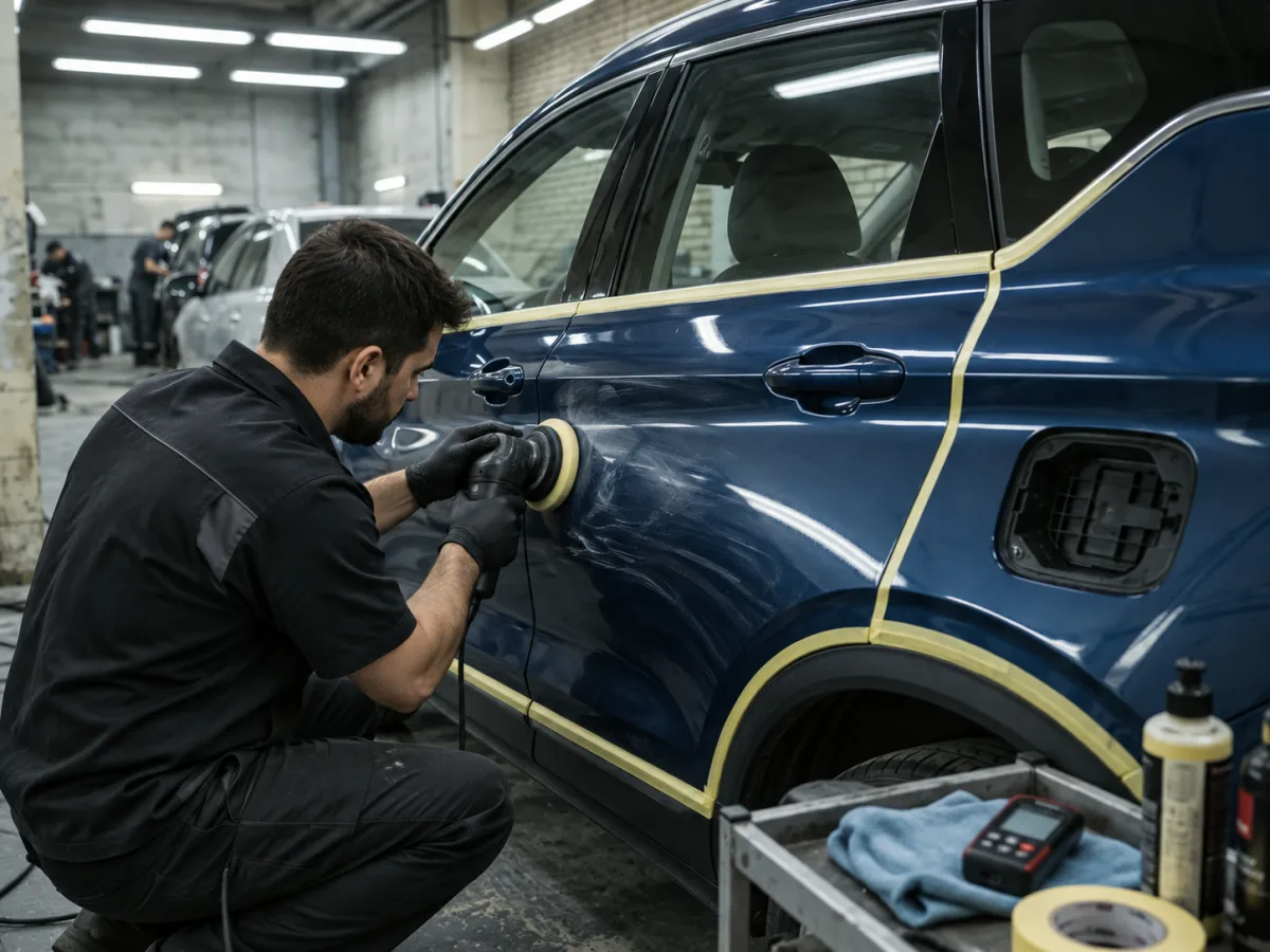 В процессе — Geely Coolray — удаление глубокой царапины на двери