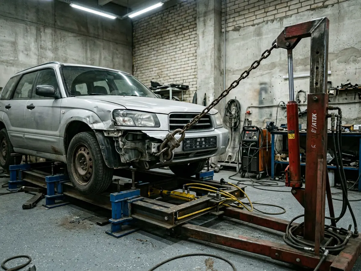 Subaru Forester — вытяжка передней части на стапеле